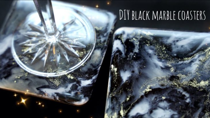 【木とレジン】大理石風コースターを作る｜コピックインクを垂らしてマーブル模様 DIY Black Marble Coasters | Resin