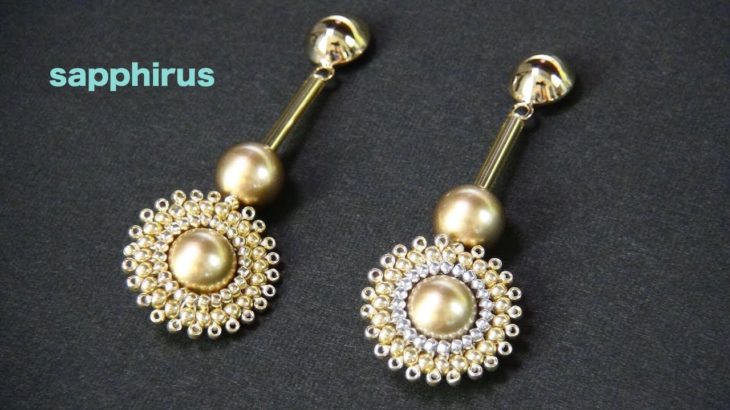 【ビーズステッチ】シードビーズとパールで作る幾何学的なピアス☆作り方　How to make:Geometric Earrings with seed beads.Original stitch
