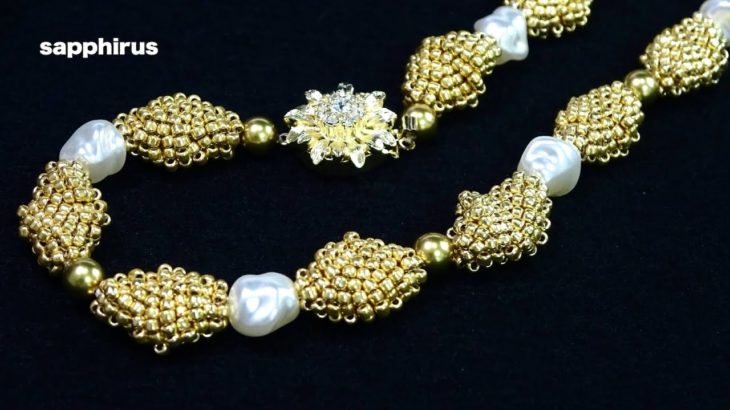 【ビーズステッチ】アンティーク調バロックパールのビーズネックレス☆作り方　DIY/Beaded Necklace/Baroque Pearls