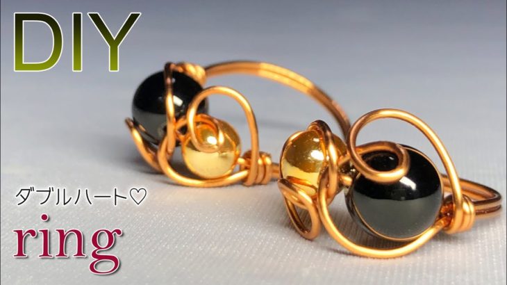 【ワイヤーリング】オニキスとパールのダブルハートリングの作り方 Tutorial for double heart-shaped wire ring with Onyx and pearl