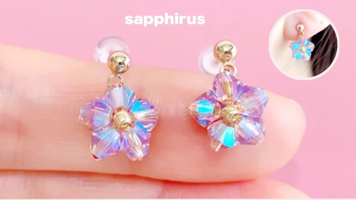 【ビーズステッチ】小さな桜のピアス🌸作り方　スワロフスキーソロバン型/DIY/Japanese Cherry Blossoms earrings/swarovski Bicone